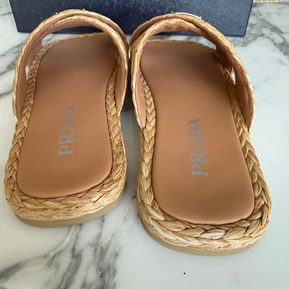 Prada 2X3142 Mens Woven Raffia Cross Strap Slide Sandals Beige Tan UK 7 (FIT LG)